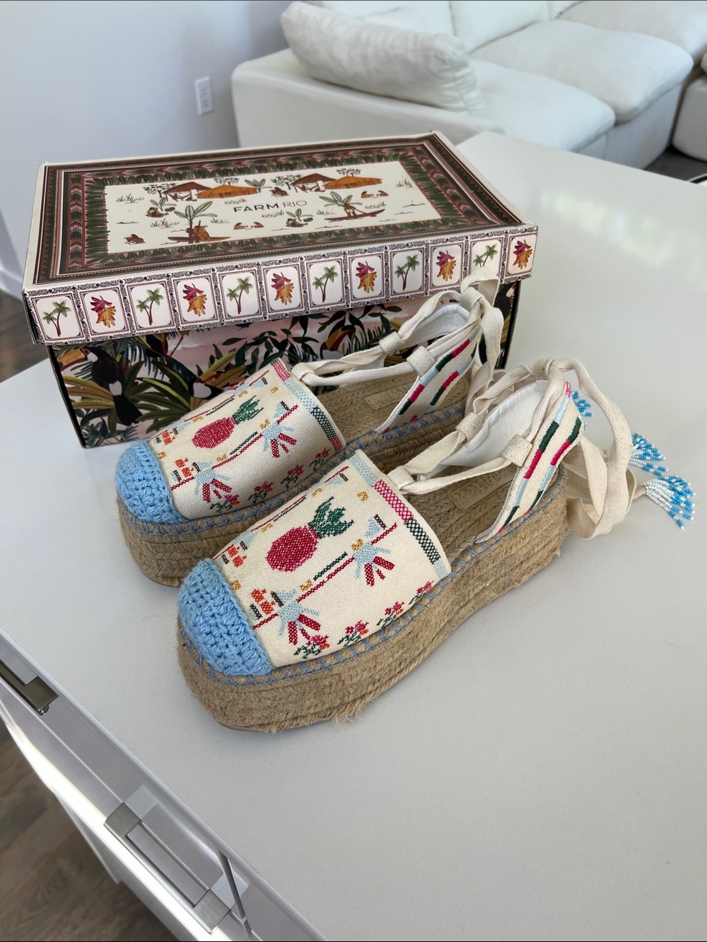 Farm Rio platform espadrilles colorful embroidered canvas with wrap around ankle